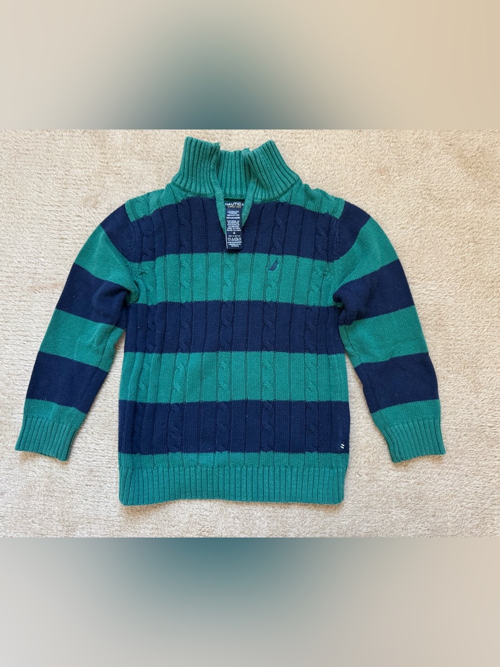 Nautica kids Green & Navy Striped Cable-Knit Zip Mock Sweater